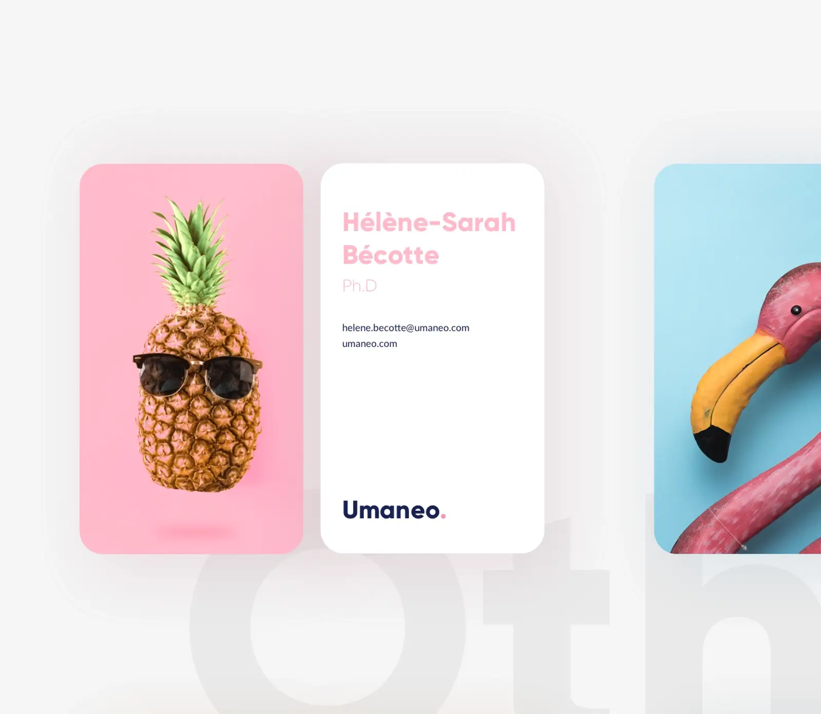 Business card for AI company with pineapple and a flamingo
